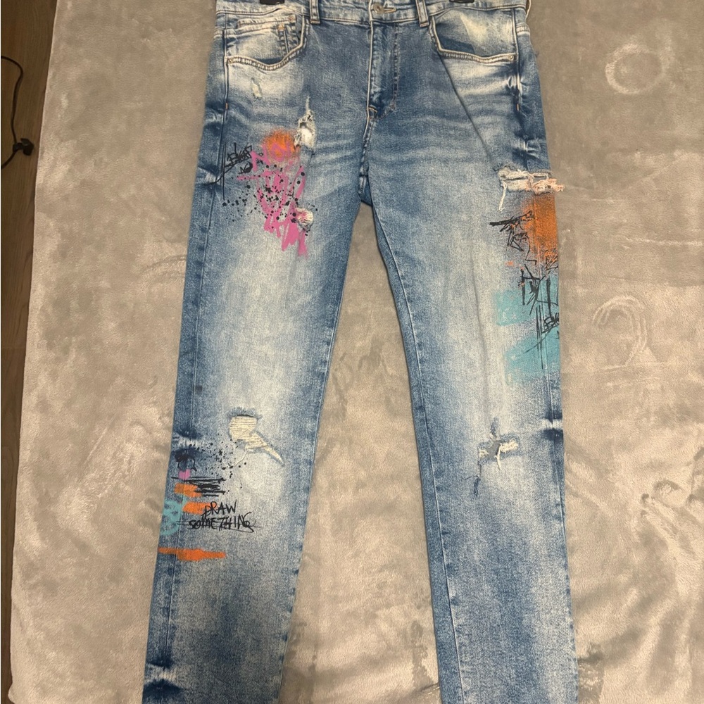 Zara Distressed Jeans with Colorful Accents